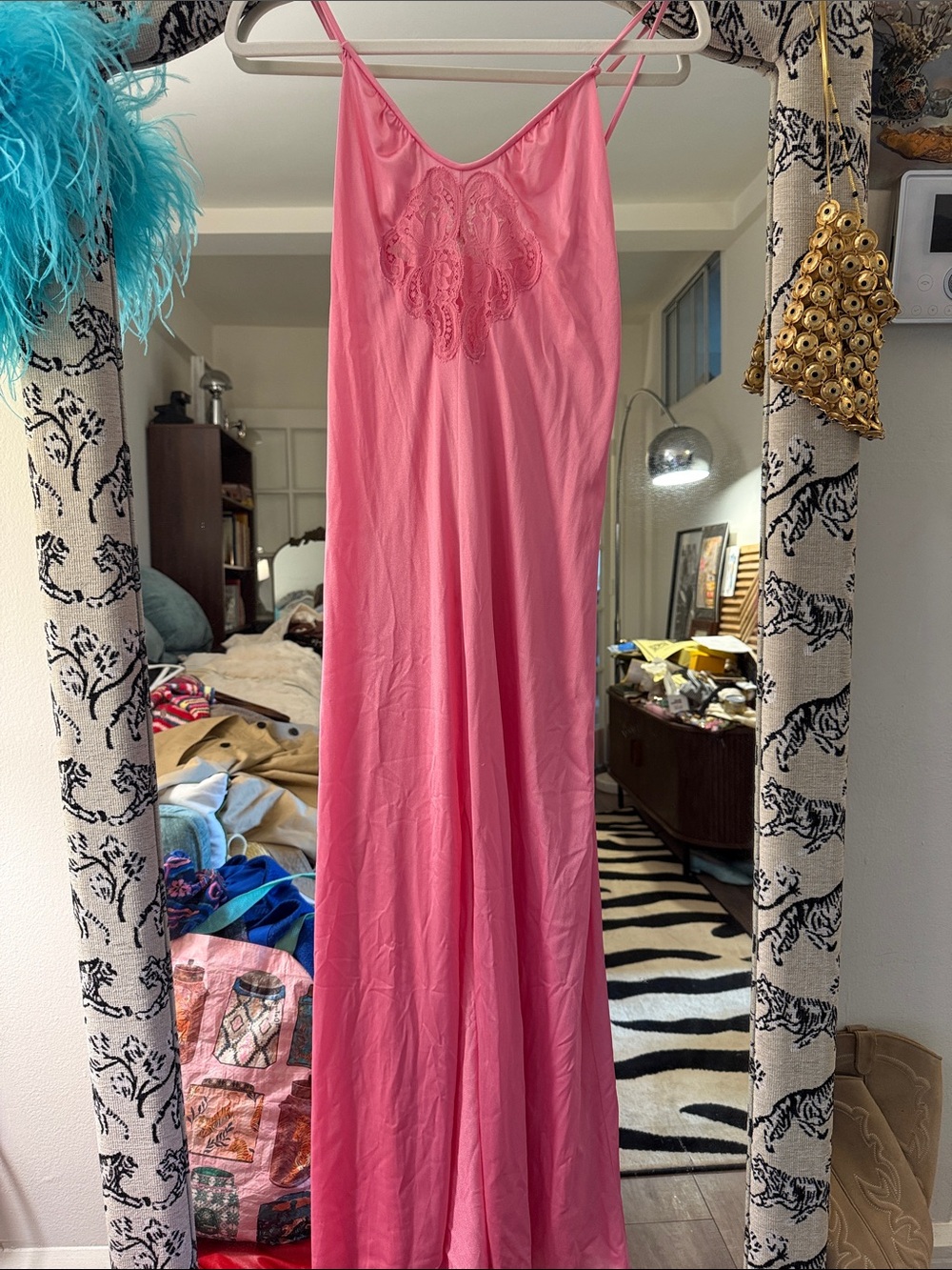 Pink Lace-Front Satin Slip Nightgown